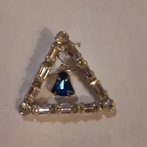 Vintage Fashionette silver tone triangle pin brooch blue rhinestone
